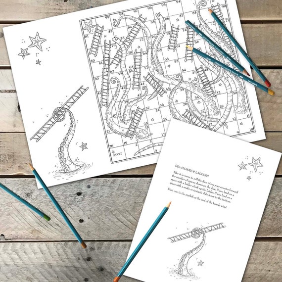 Underwater snakes and ladders a printable coloring page for adults nautical digital download download now