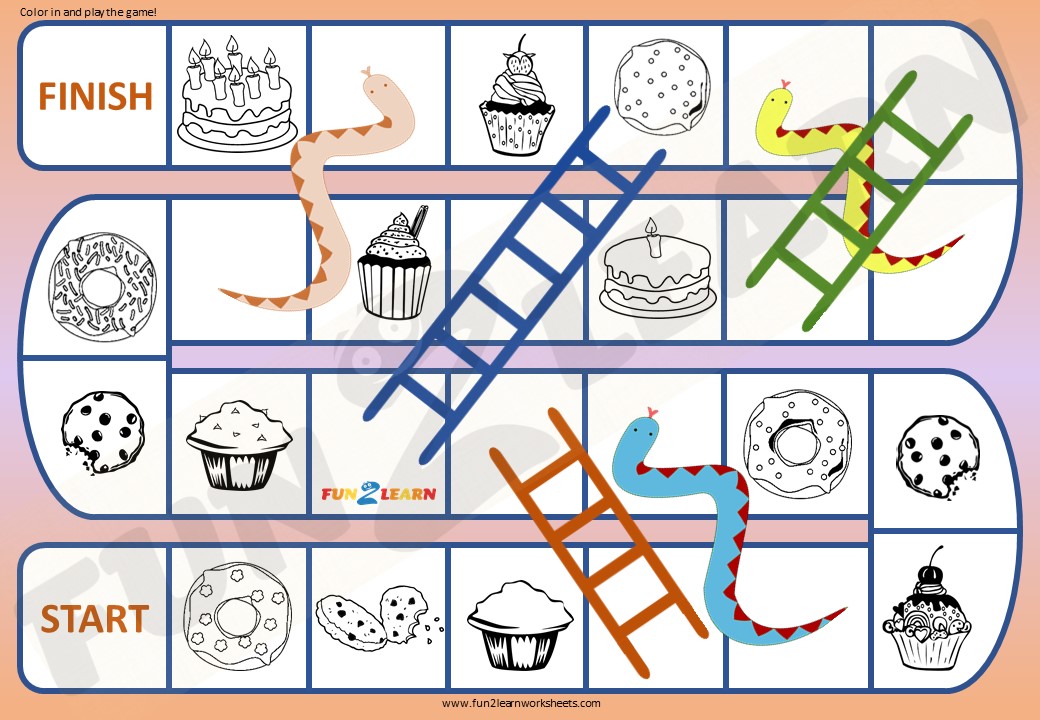 Color in and play snakes and ladders worksheet cupcake donut muffin chocolate cake cookie english