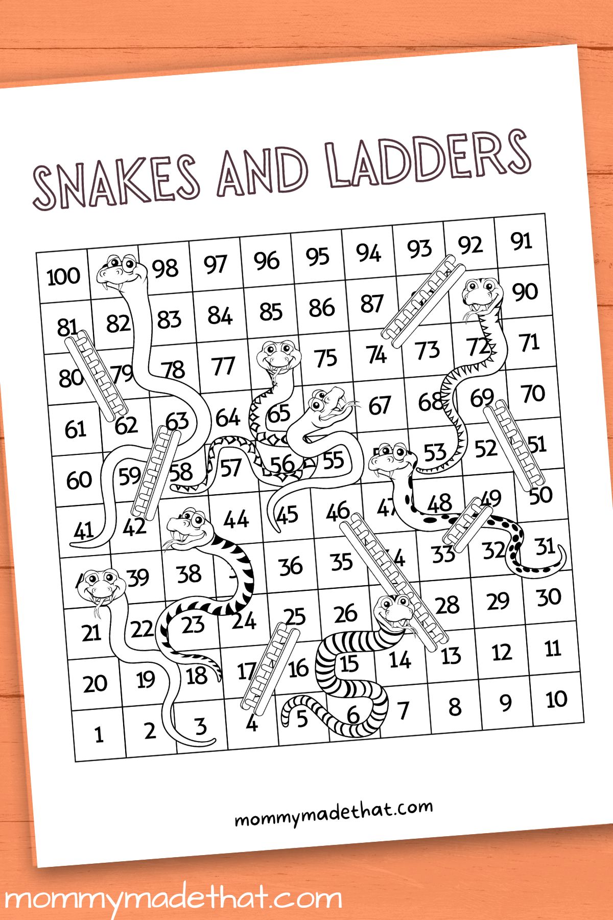 Snakes and ladders printable game board free template