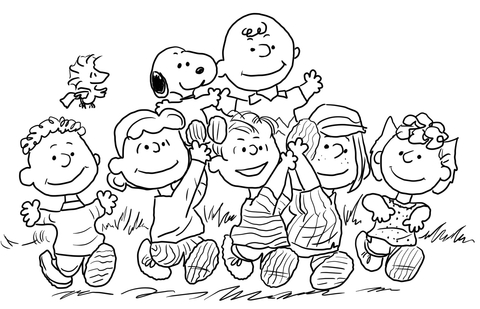 Snoopy with the peanuts gang coloring page free printable coloring pages