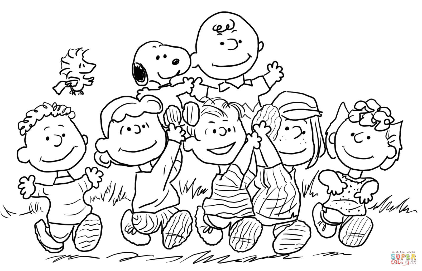 Snoopy with the peanuts gang coloring page free printable coloring pages