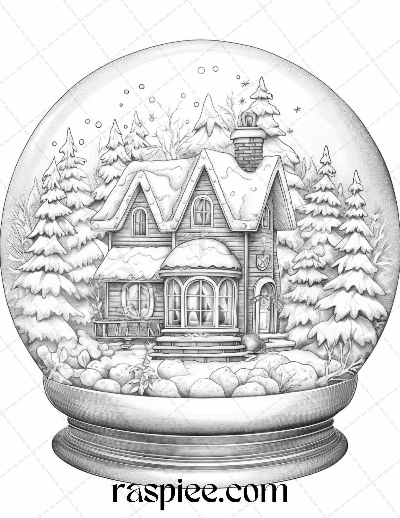 Cozy cabin in snow globe grayscale coloring pages printable for adults â coloring