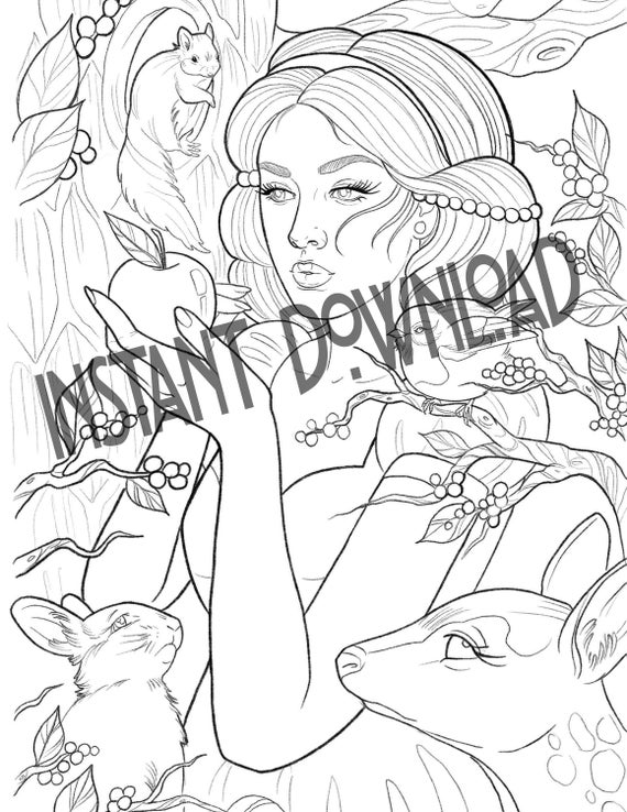 Snow white coloring page instant download adult coloring page fairy tale coloring page