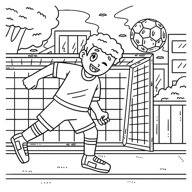 Premium vector a cute and funny coloring page of a boy hitting a soccer ball with a head provides hours of coloring fun for children to color this page is very