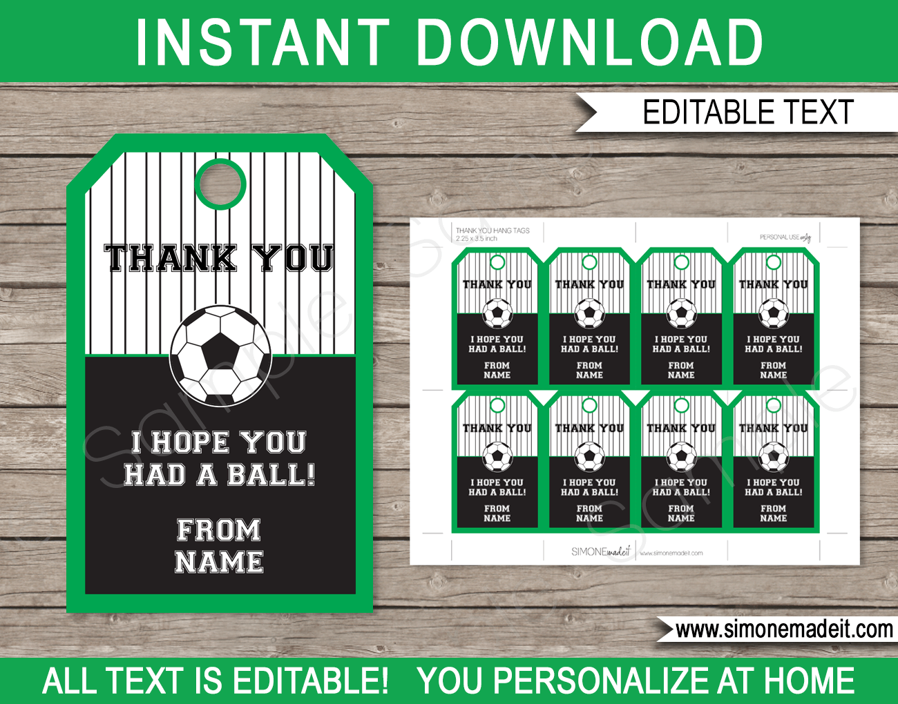 Soccer party favor tags template printable birthday thank you tags