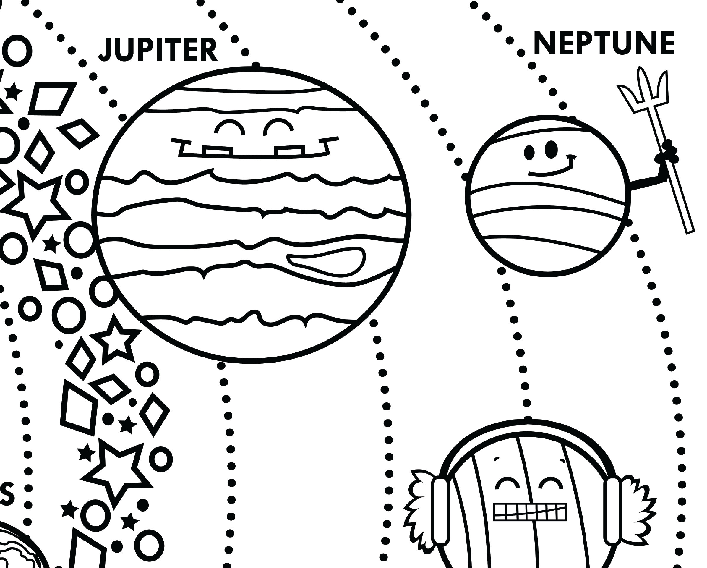 Solar system printable large format coloring poster horizontal layout