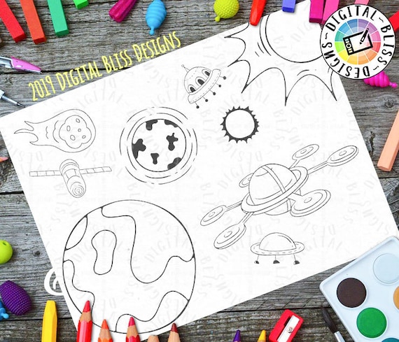 Printable coloring page outer space planets spaceships kids printable craft coloring activity instant download