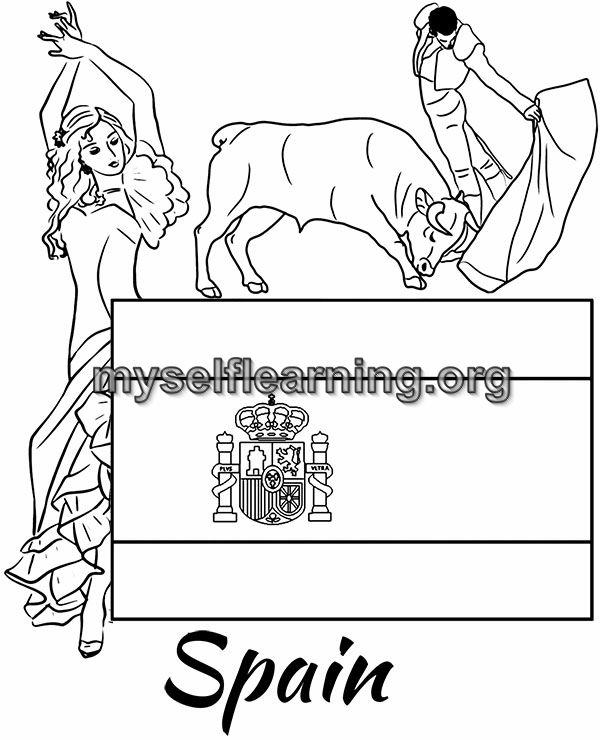 Spain flag educational coloring sheet instant download