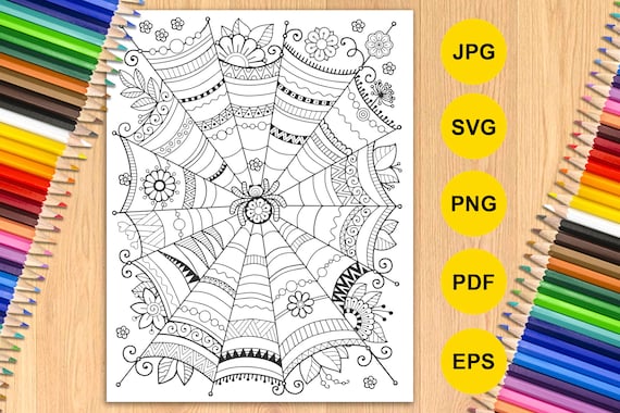 Spider web coloring page for adult printable zentangle coloring for halloween png svg jpeg