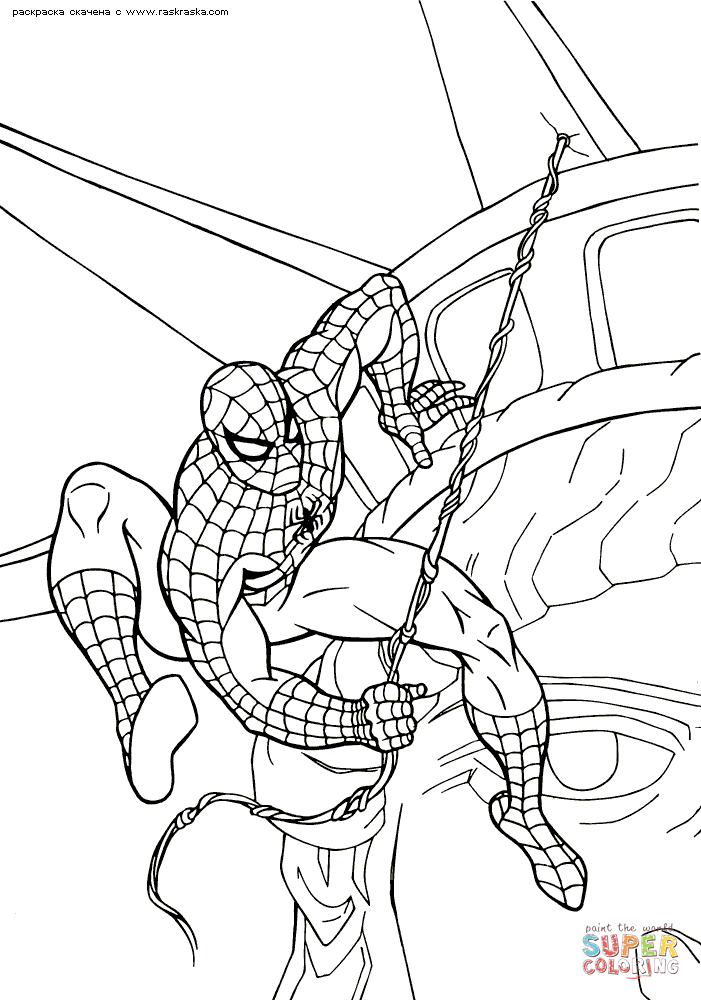 Spiderman is hanging from the statue of liberty coloring page free printable coloring pages
