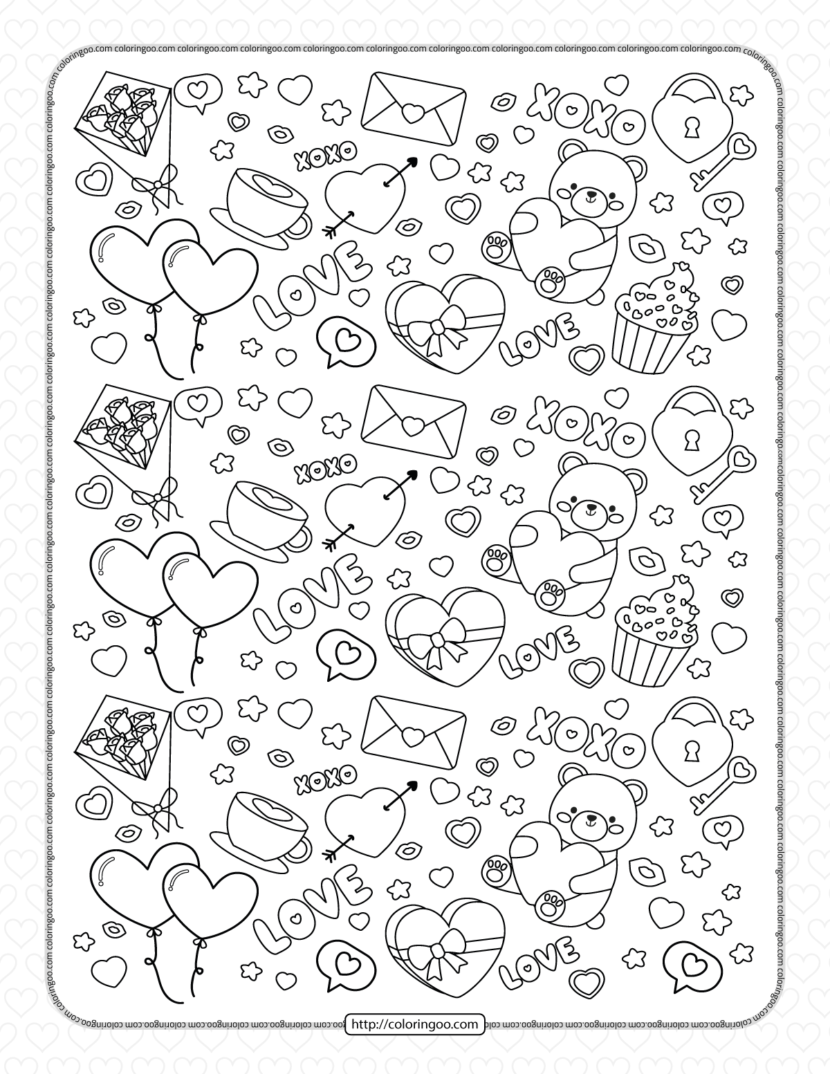 Valentines day doodles coloring page