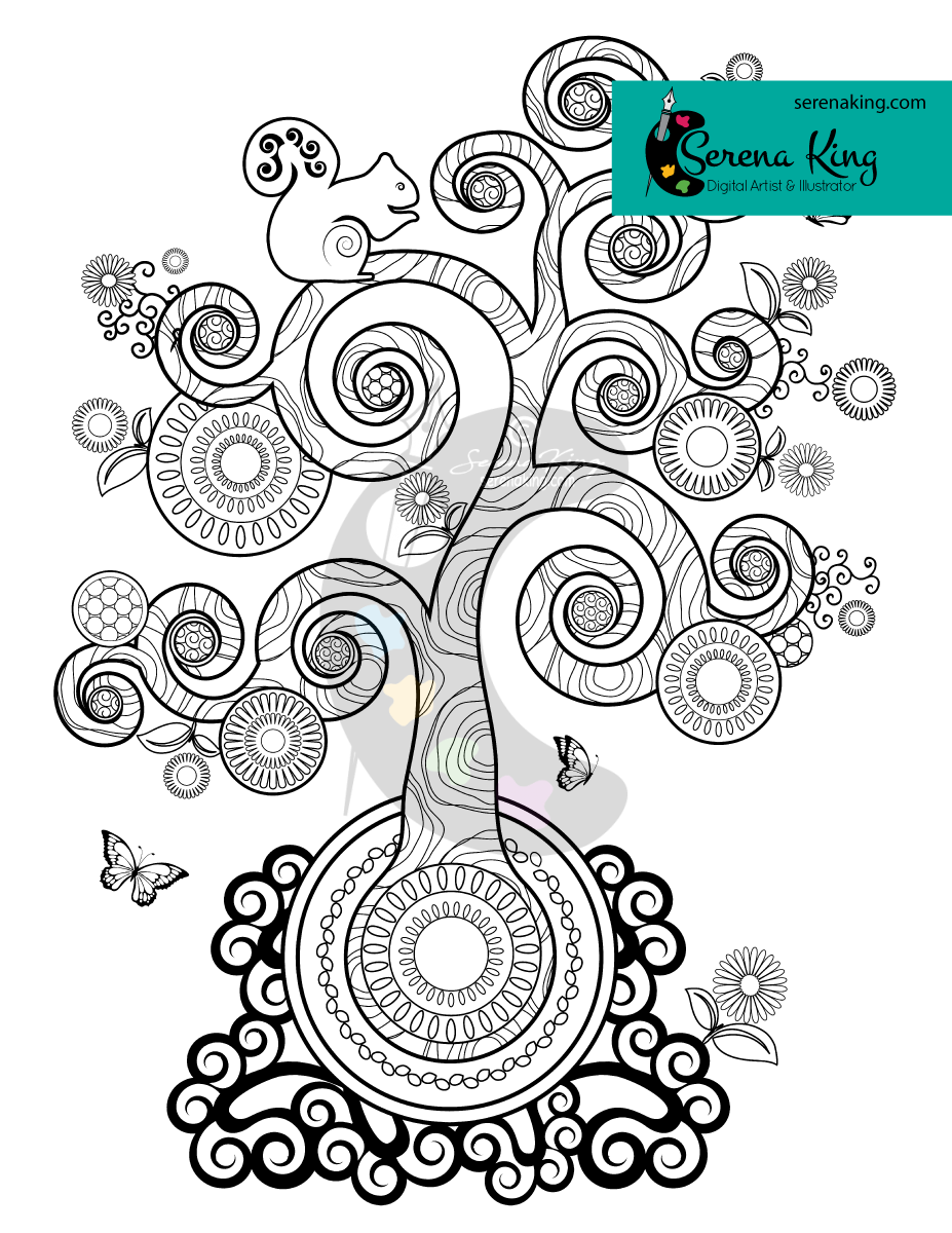 Spiral squirrel tree coloring page â serena king