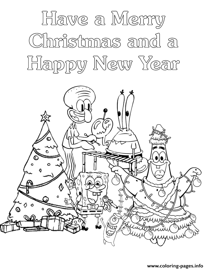 Spongebob and friends merry christmas coloring page printable