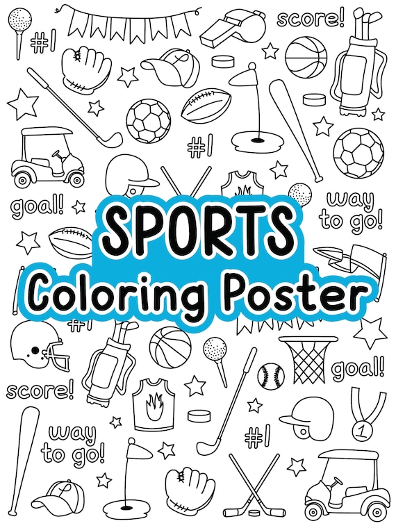 Jumbo sports coloring poster sports coloring pages doodle printable birthday party craft kids stocking stuffer large coloring poster