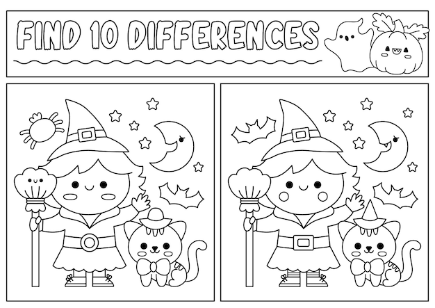 Premium vector halloween black and white find differences game for children attention skills line activity with cute witch black cat puzzle for kids or coloring page printable what is different worksheet