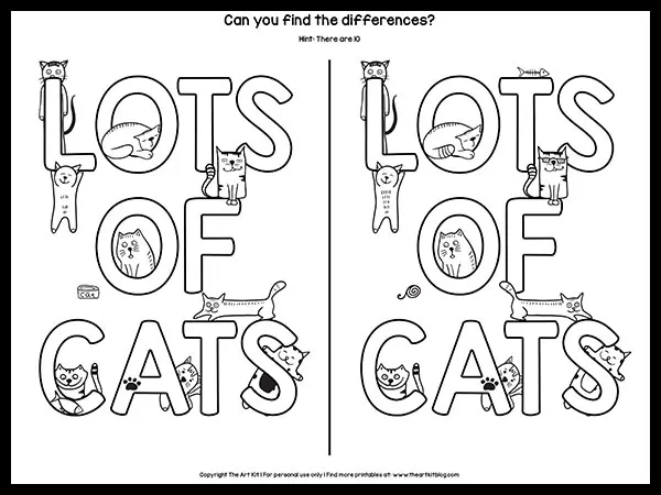Cute spot the differences cat coloring page worksheet free â the art kit