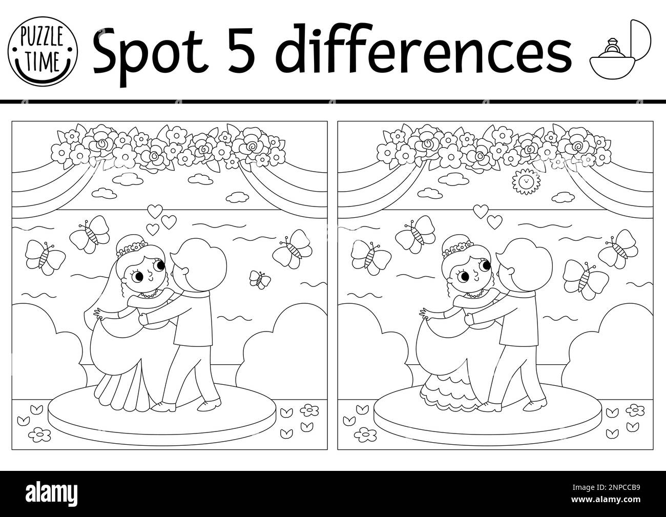 Find differences game for children wedding black and white educational activity with cute married couple marriage printable coloring page for kids w stock vector image art