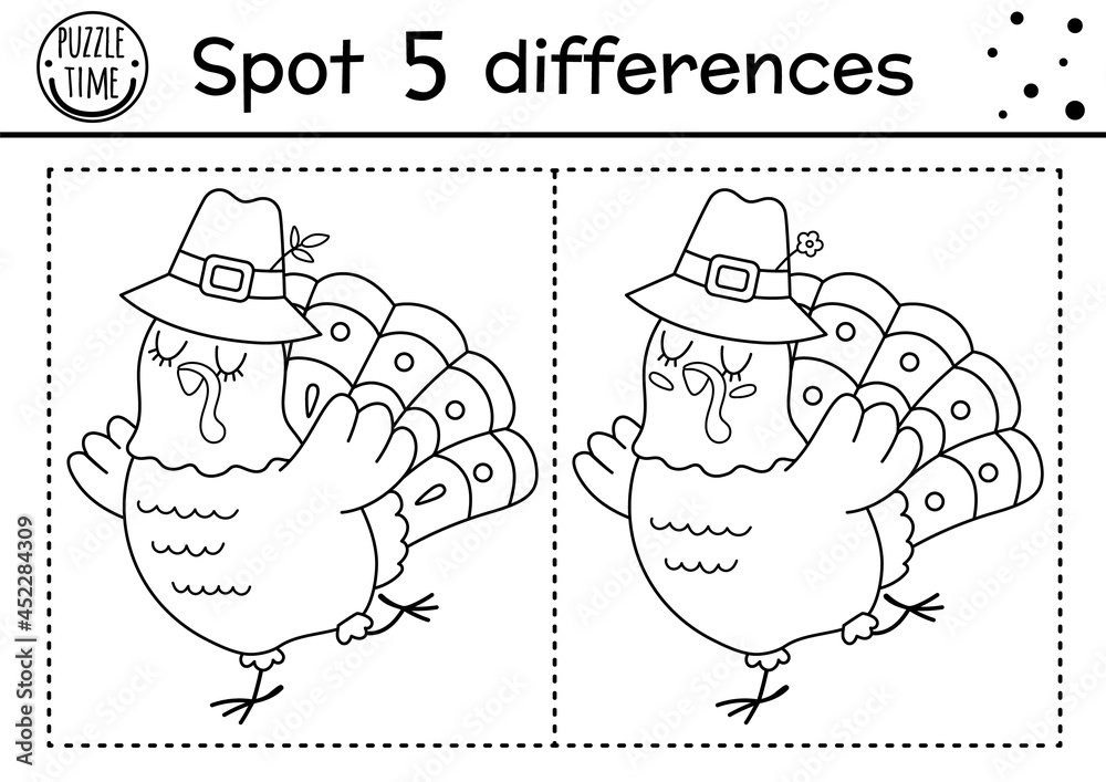 Find differences game for children thanksgiving black and white educational activity with funny turkey printable line worksheet autumn holiday puzzle for kids fall preschool coloring page vector
