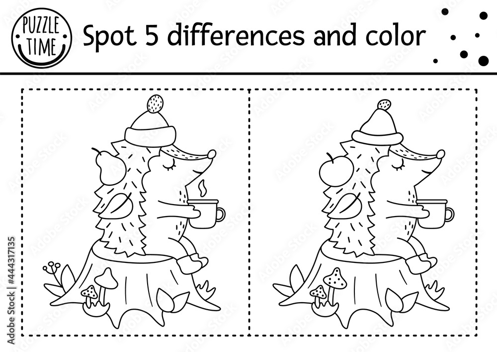 Autumn find differences game for children black and white educational activity and coloring page with hedgehog sitting on a stump with mug fall season printable worksheet with cute forest animal