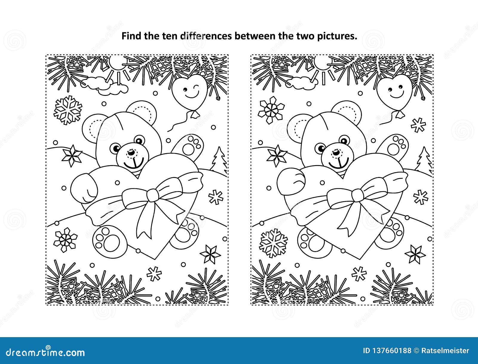Valentines day find the differences visual puzzle and coloring page stock vector