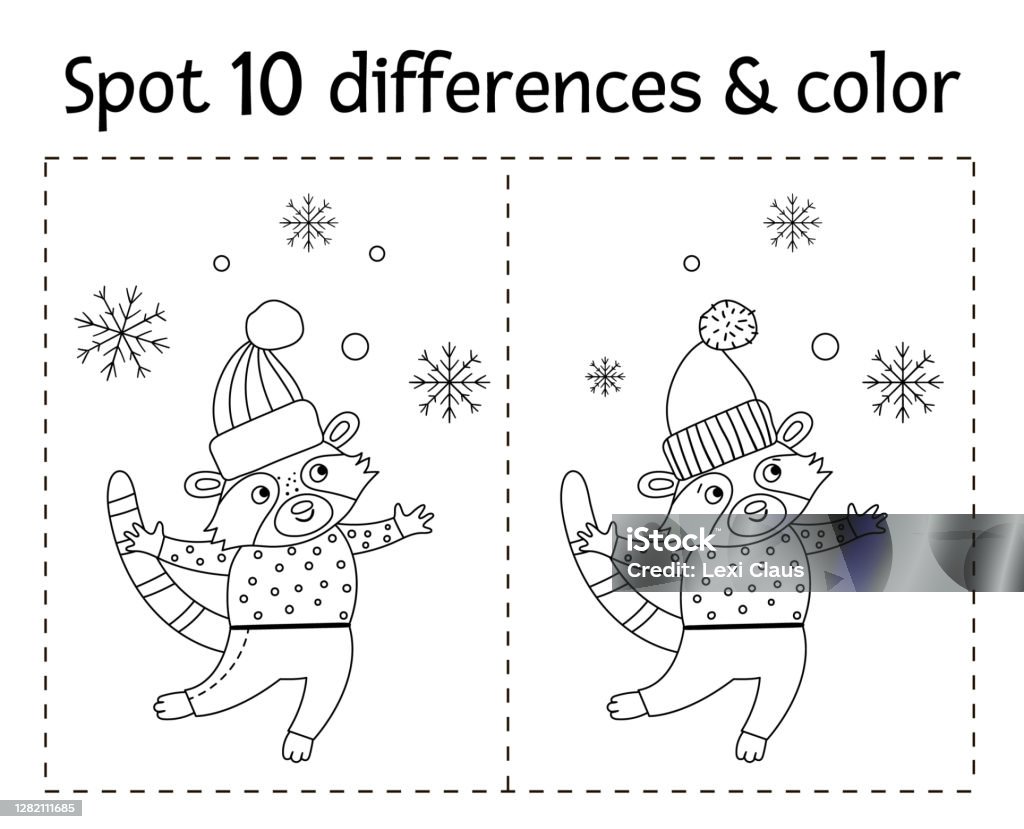 Christmas find differences game and color for children winter educational activity with funny raccoon and snowflakes printable worksheet for kids cute new year coloring page with animal in sweater stock illustration