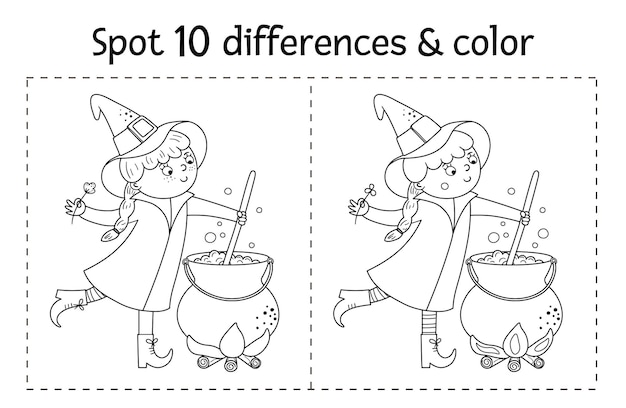 Premium vector halloween black and white find differences game for children autumn educational activity with funny witch cauldron cat printable worksheet or coloring page with smiling character