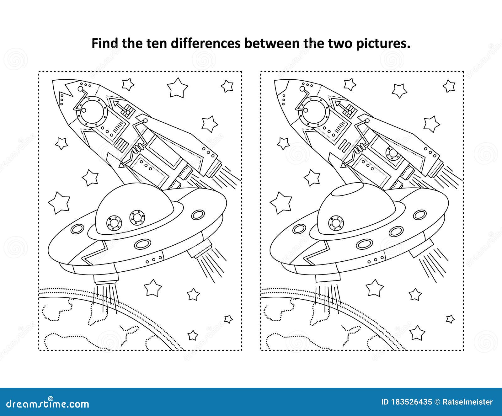Find the differences visual puzzle and coloring page with ufo earth spaceship stock vector