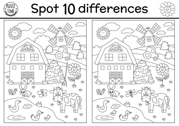 On the farm black and white find differences game for kids educational line activity with cute rural village landscape countryside scene puzzle with field barn animals attention skills coloring page stock illustration
