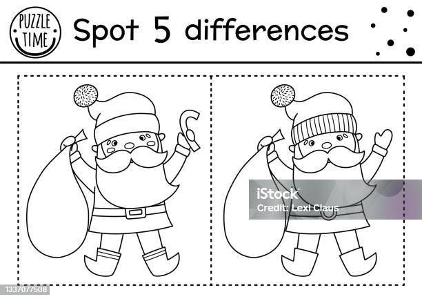Christmas find differences and color game for children winter educational activity with funny santa claus printable