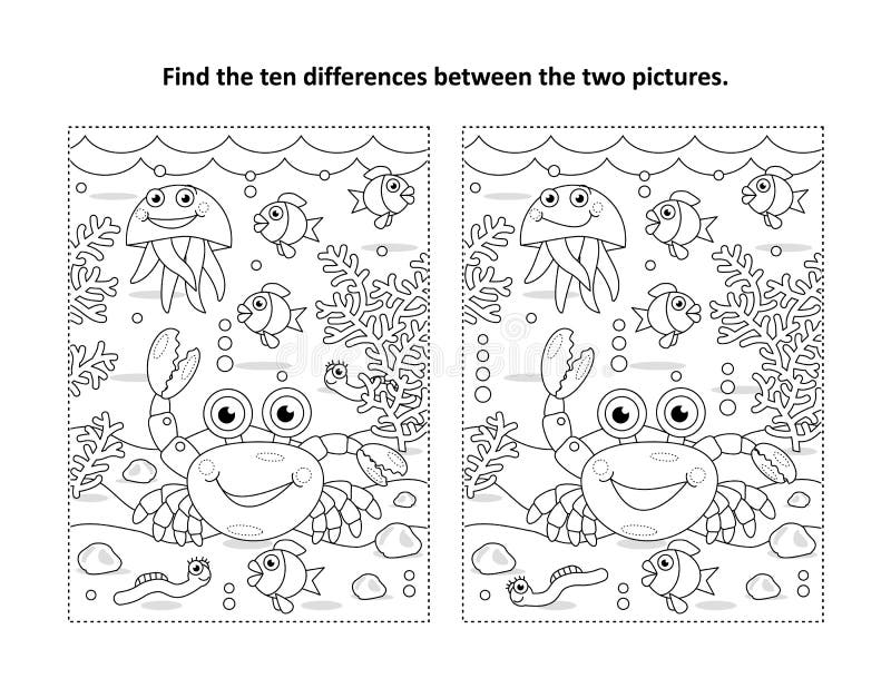 Find ten differences picture puzzle and coloring page crab sea life black and white stock vector