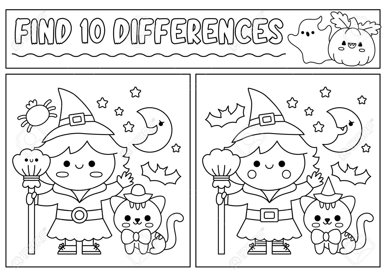 Halloween black and white find differences game for kids attention skills line activity with cute witch black cat puzzle for kids or coloring page printable what is different worksheet royalty free svg