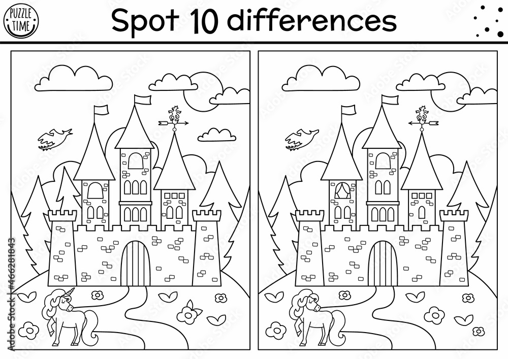 Black and white find differences game for children fairytale educational activity with castle and unicorn magic kingdom puzzle for kids fairy tale printable worksheet or coloring page vector