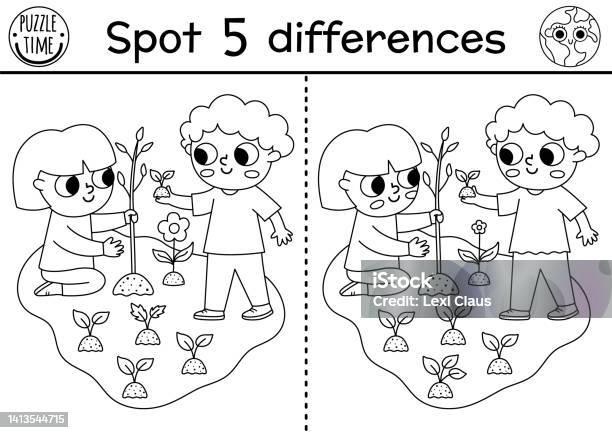 Find differences game ecological black and white educational activity with cute boy and girl planting tree