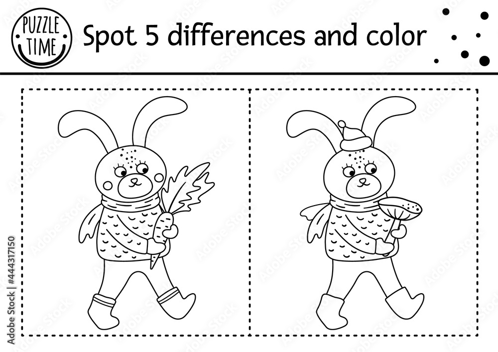 Autumn find differences game for children black and white educational activity and coloring page with hare carrying carrot fall season or thanksgiving printable worksheet with cute forest animal vector