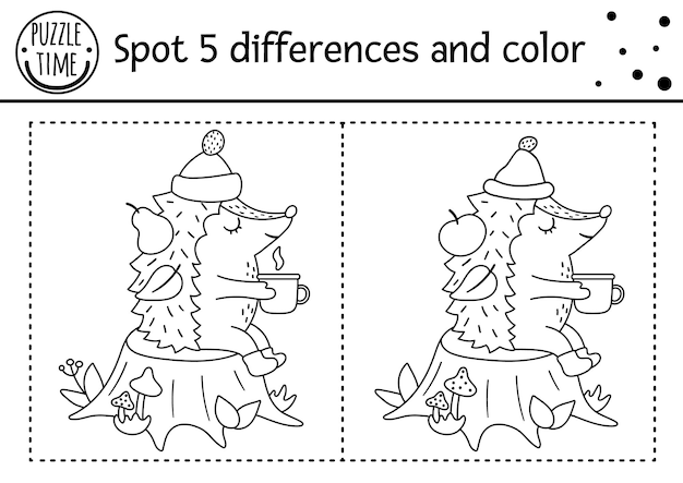 Premium vector autumn find differences game for children black and white educational activity and coloring page with hedgehog sitting on a stump with mug fall season printable worksheet with cute forest