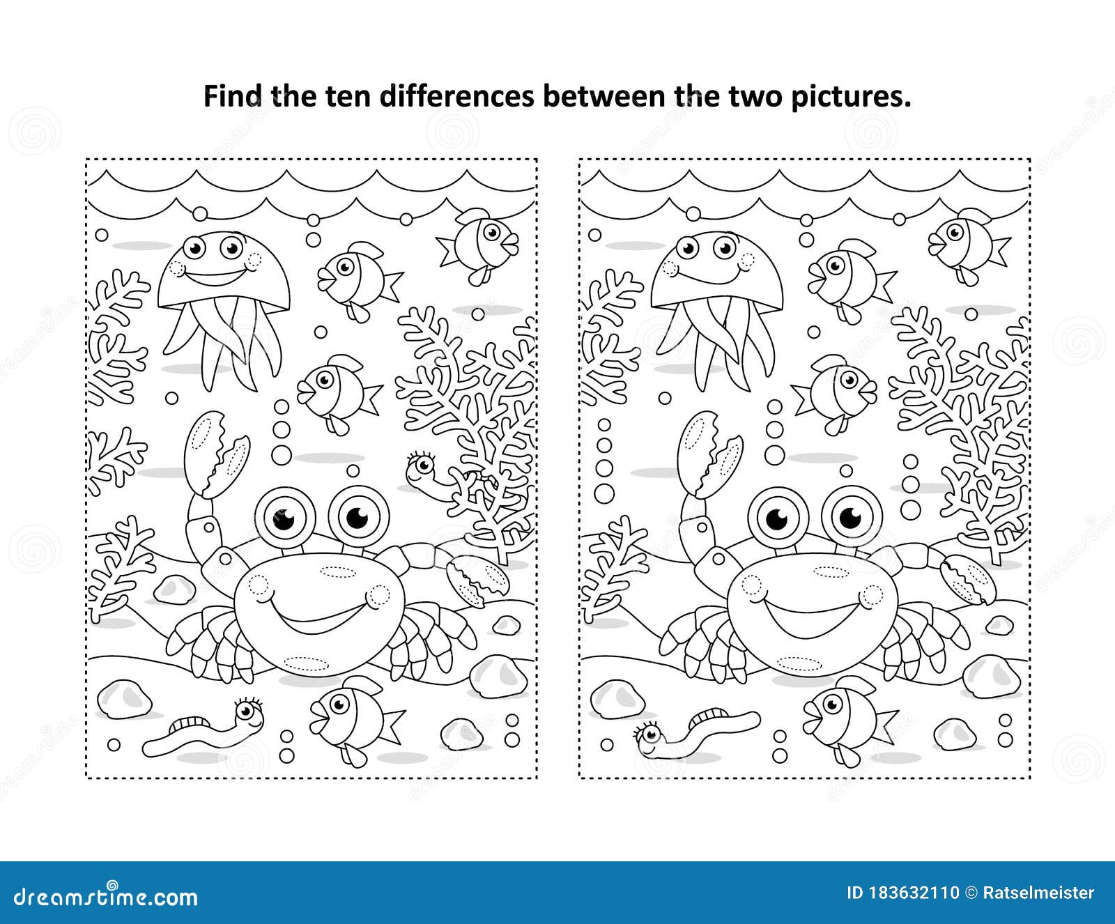 Find ten differences picture puzzle and coloring page crab sea life black and white stock vector