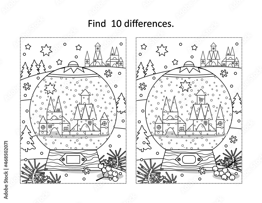 Snowglobe with toy town scene find ten differences picture puzzle and coloring page fun activity for christmas or new year winter holidays vector