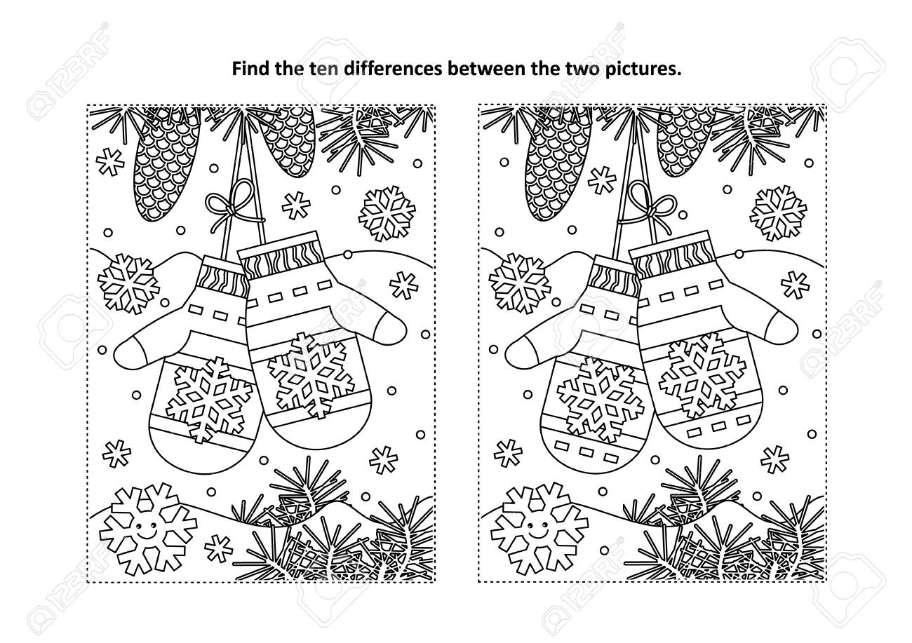 Christmas themed find the ten differences picture puzzle and coloring page royalty free svg cliparts vectors and stock illustration image