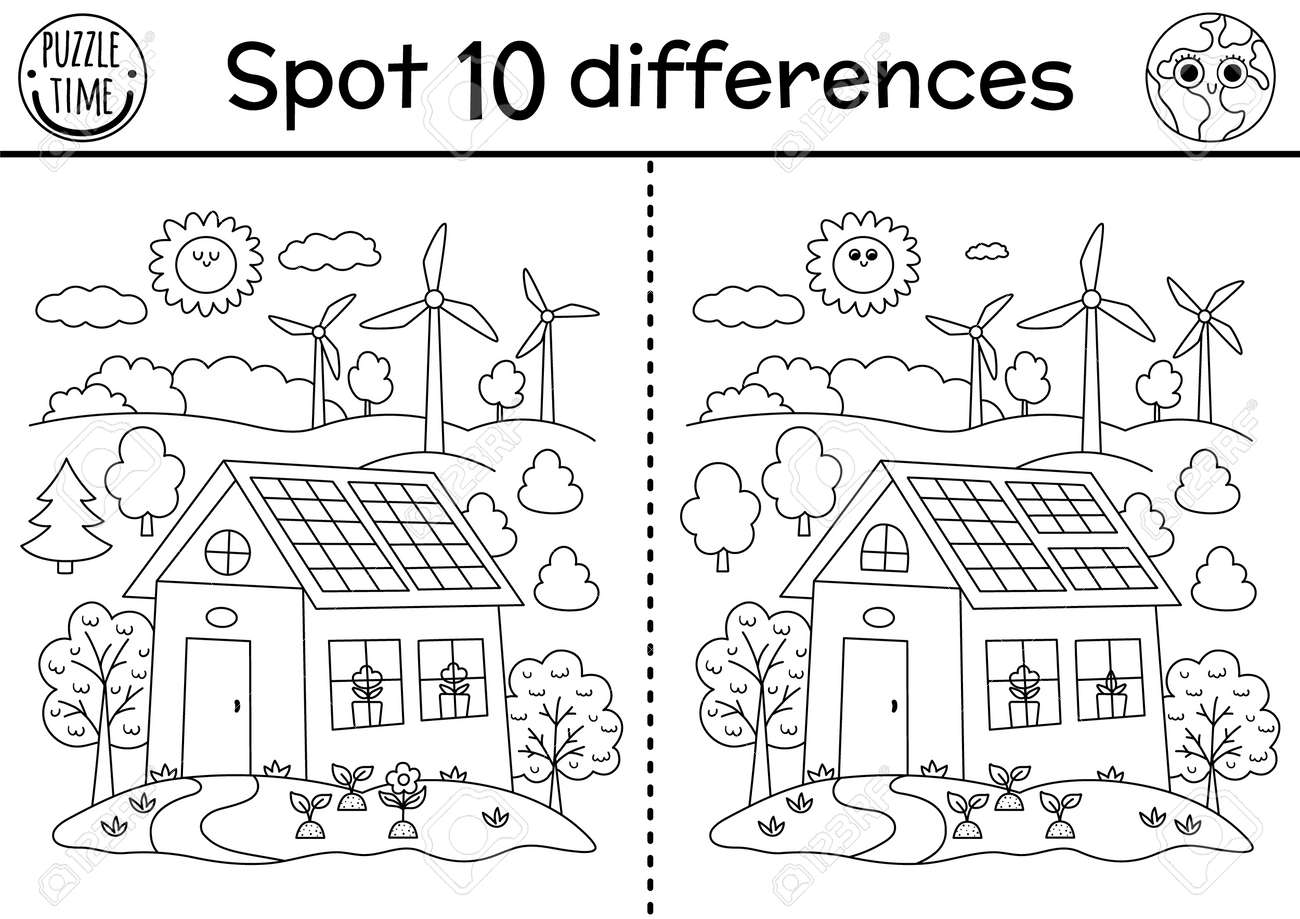 Find difference game ecological black and white educational activity with cute eco house wind turbines earth day line puzzle for kids eco awareness or zero waste printable coloring page royalty free svg