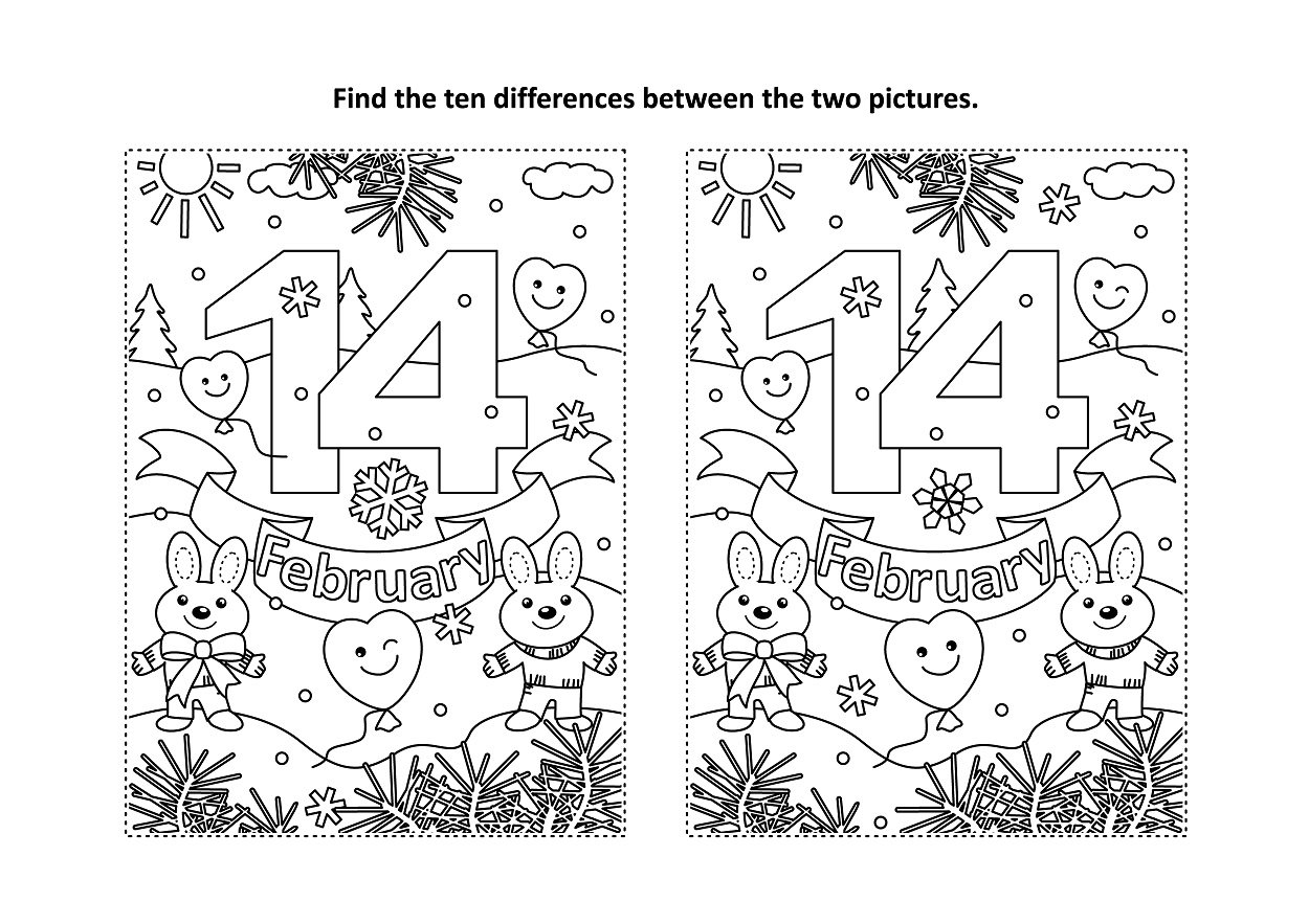 Valentines day spot the difference free printable coloring pages