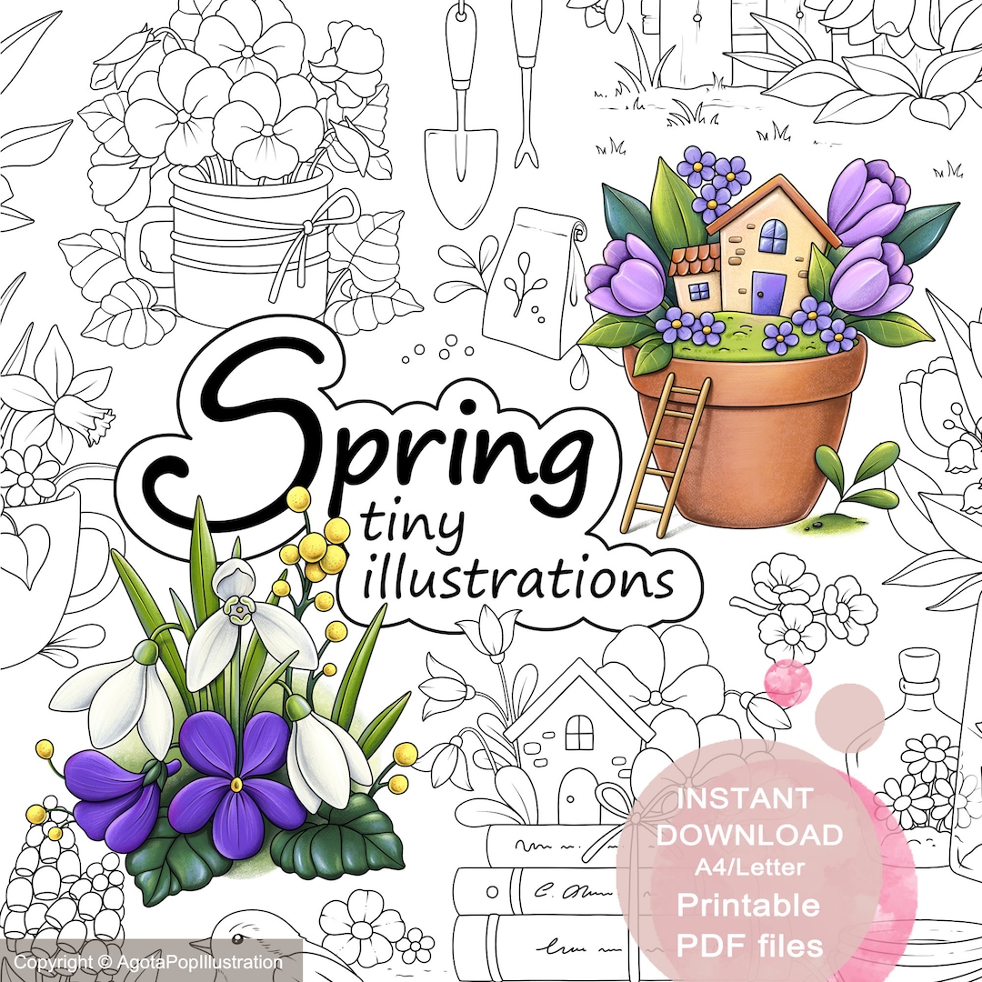 Spring tiny illustrations colouring page set for adults floral tiny illustrations printable pdf instant download