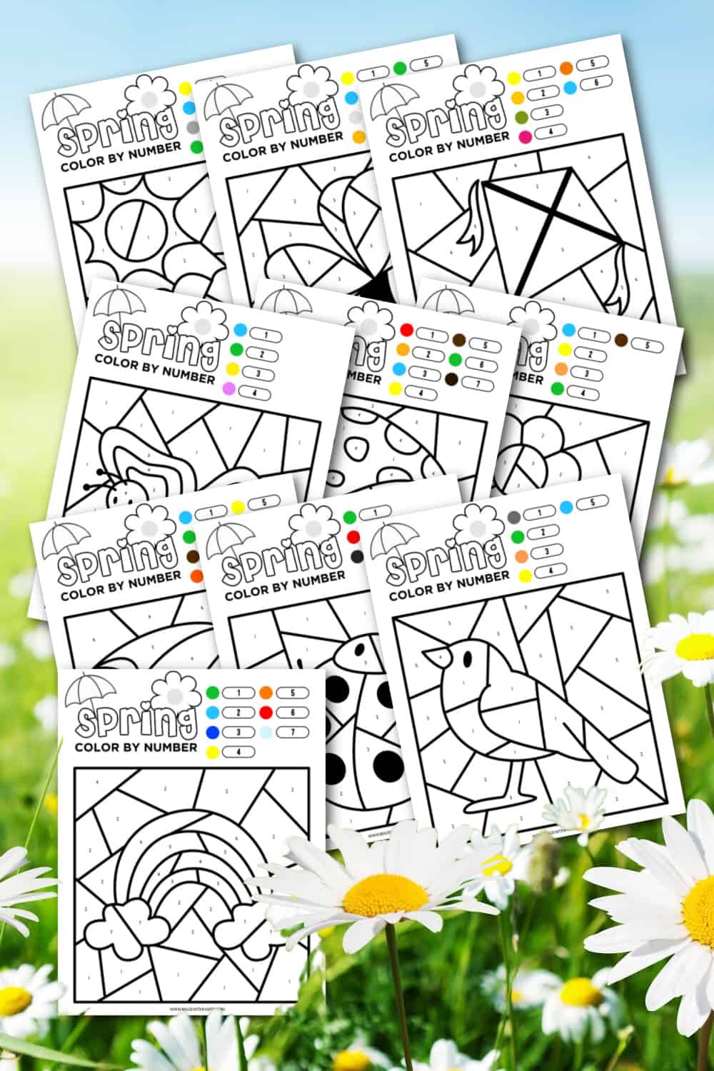 Free printable spring color by number worksheets