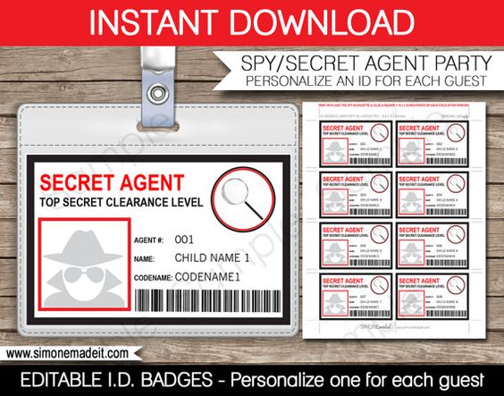 Spy birthday party badge secret agent badge printable id badge template instant download with editable text you personalize at home