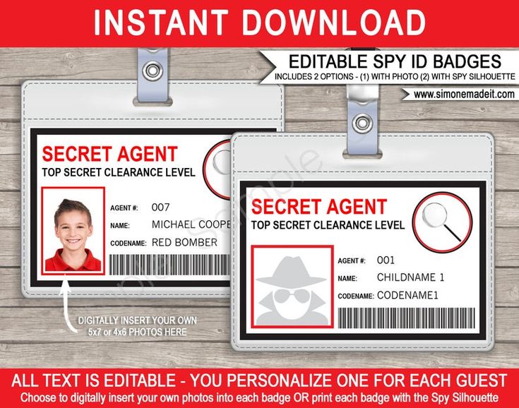 Spy birthday party badge secret agent badge printable id