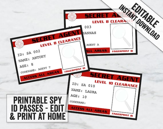 Printable secret agent id passes editable spy party identification passes fun spy party ideas kids party decor secret agent passes sa