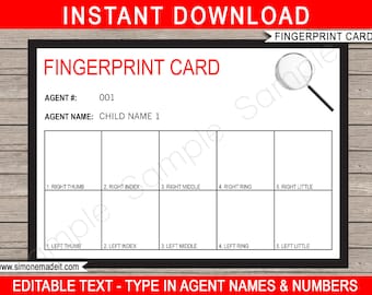 Spy secret agent party fingerprint cards printable template instant download with editable text you personalize at home