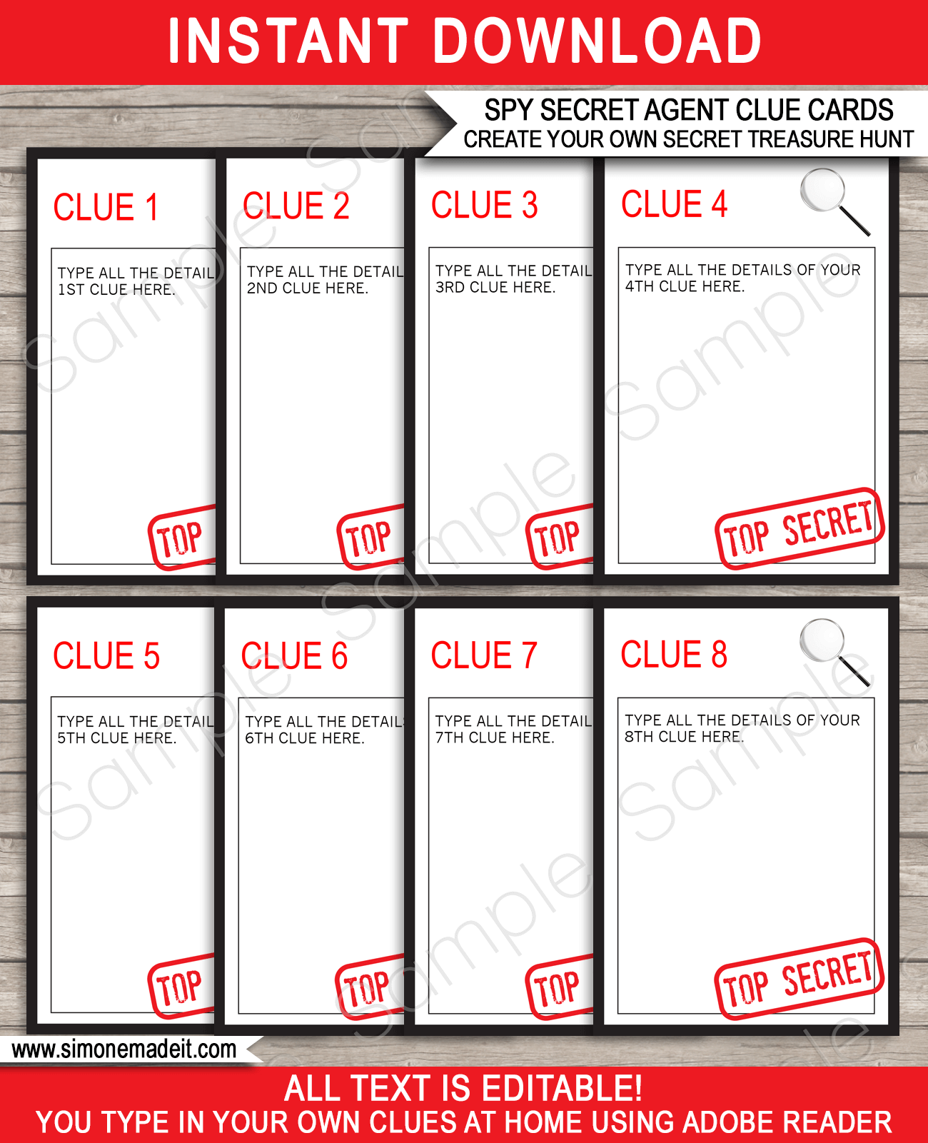 Spy treasure hunt clue cards template spy secret agent birthday party