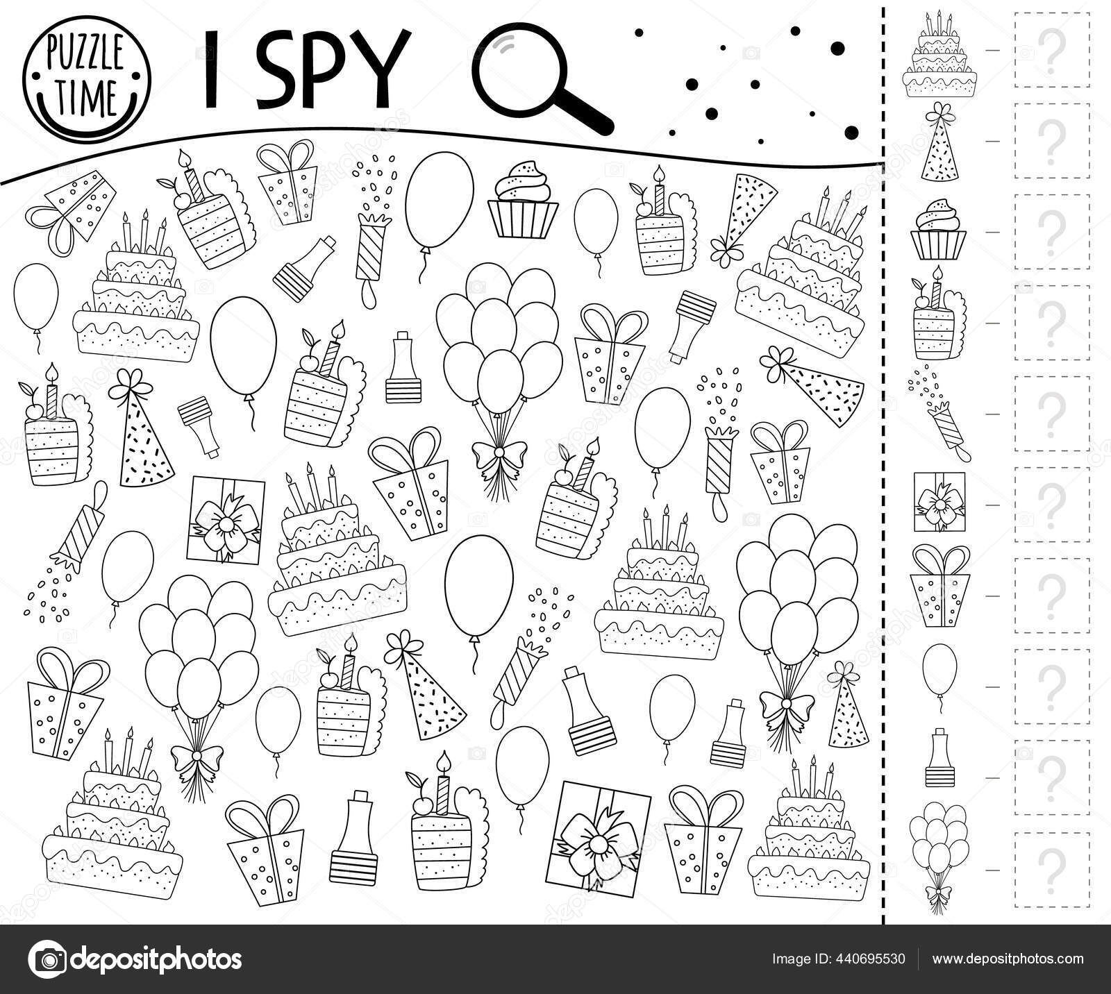 Birthday spy game kids searching counting black white activity preschool stock vector by lexiclaus