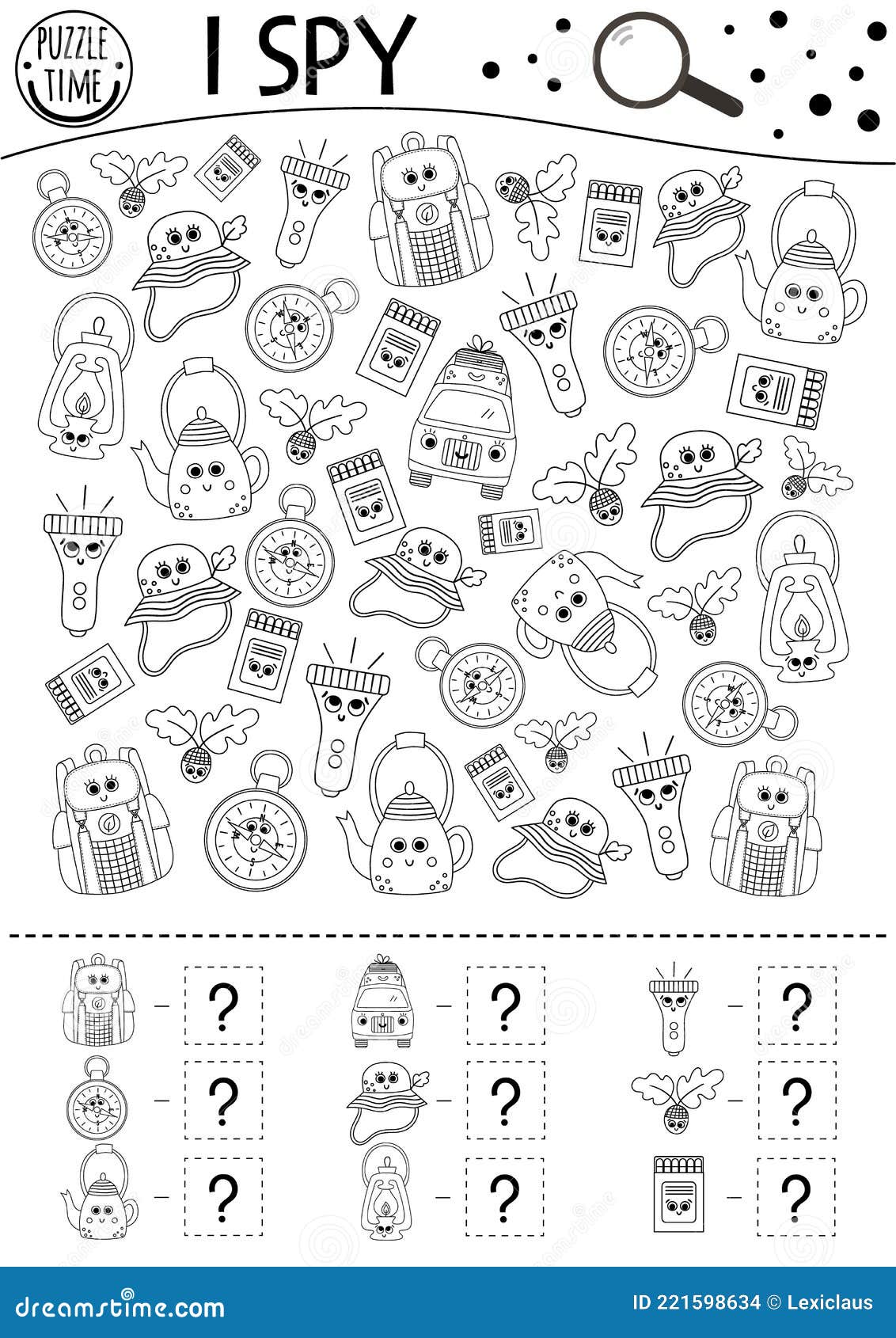 Camping i spy black and white game for kids searching and counting outline activity or coloring page with summer camp equipment stock vector