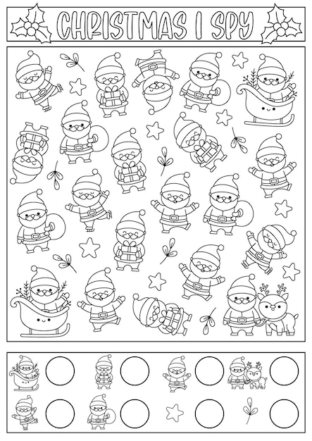 Premium vector christmas black and white i spy game for kids searching and counting line activity with cute kawaii holiday symbols winter printable worksheet coloring page new year puzzle with santa